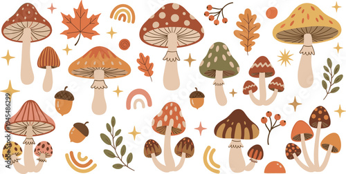 Cute autumn mushroom collection with toadstools leaves acorns rainbow shapes and forest elements colorful fall vector illustration set
