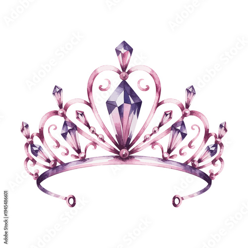 Pink tiara with purple gems and jewels on transparent background