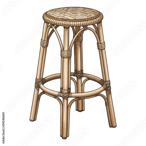 Rattan stool with woven seat and four legs furniture piece