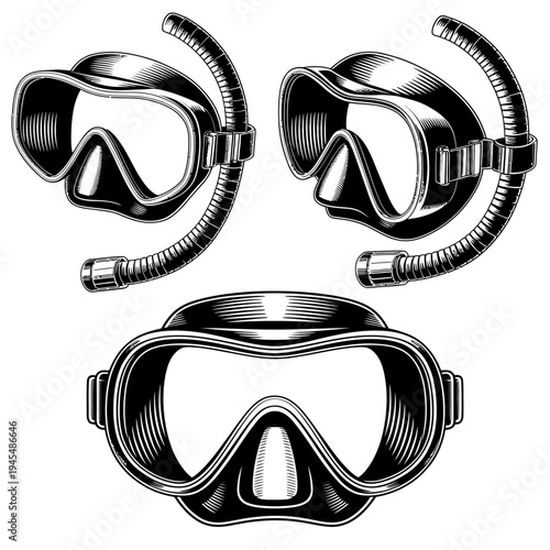 Three black and white diving masks with snorkel tubes for scuba diving and swimming