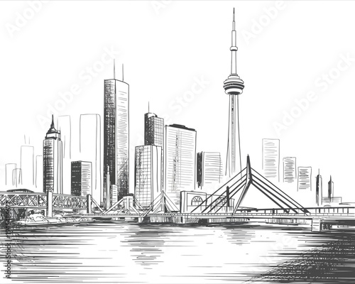Toronto city skyline with cn tower and bridge over water  urban landscape