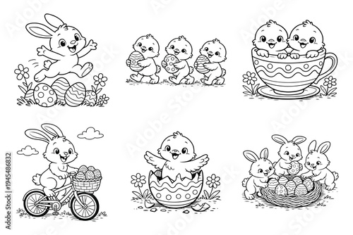 Cute Easter bunny and chick coloring page collection with eggs, teacup nest, bicycle basket and spring flowers black and white cartoon line art for kids activity book