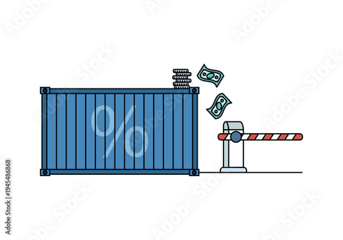 Contenedor de carga azul con símbolo de porcentaje frente a barrera de aduana con billetes volando representando aranceles