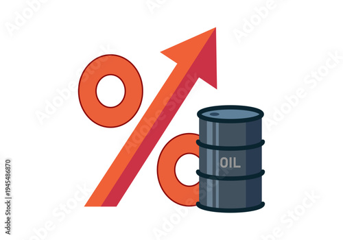 Barril de petróleo junto a símbolo de porcentaje y flecha roja ascendente