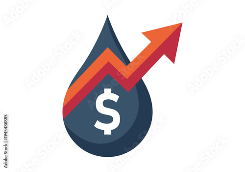 Gota de petróleo con símbolo de dólar y flecha roja de tendencia ascendente