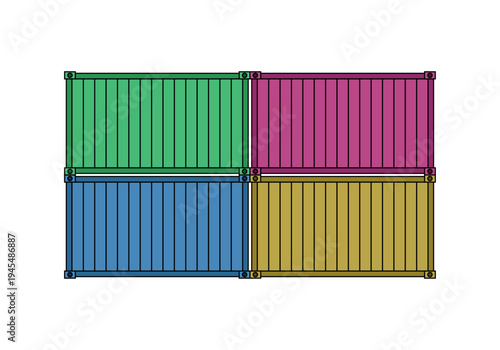Vista frontal de cuatro contenedores de carga de colores vibrantes apilados en dos niveles