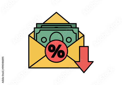 Sobre abierto con billetes de dinero símbolo de porcentaje y flecha roja hacia abajo