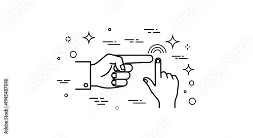Vector graphic showing one hand pointing to another's finger tapping a surface, emphasizing interaction and connection.