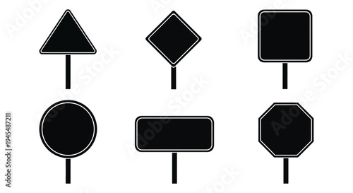 Blank black vector road sign illustrations with various empty shapes for custom text or symbols 