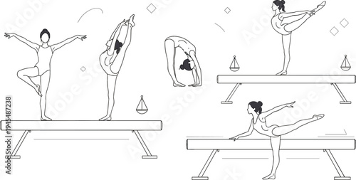 Gymnastics balance beam exercises vector line illustration set with female gymnast performing flexibility, stretching, and artistic gymnastics poses