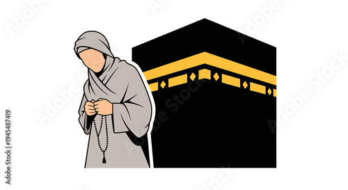 Praying Muslim Woman at Kaaba At Sacred Shrine. Vector Illustrations. EPS Editable