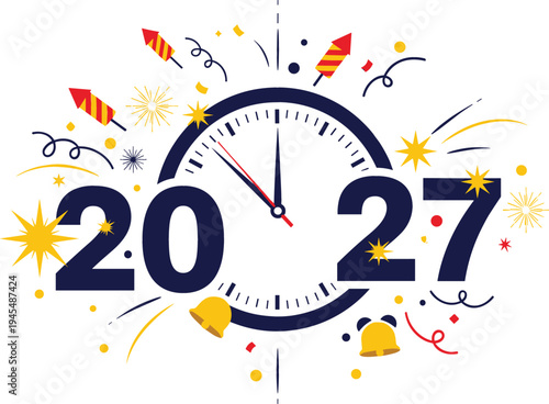 Happy New Year 2027 celebration vector illustration with clock countdown, fireworks, confetti, bells, and festive holiday decoration elements