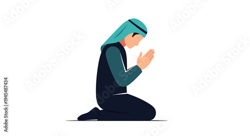 Praying Person Kneeling With Hands Together In Silence. Vector Illustrations. EPS Editable