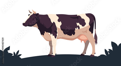 Quiet Dairy Cow Silhouette Grazing on a Rural Hill. Vector Illustrations. EPS Editable