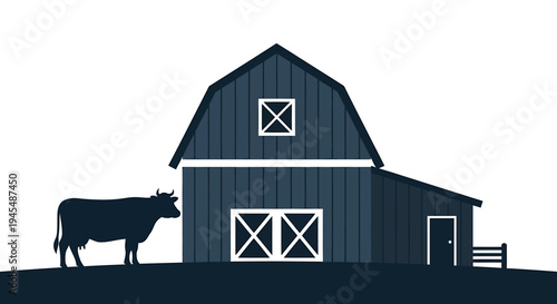 Quiet Rural Barn With Cow Silhouette In Night Scene. Vector Illustrations. EPS Editable