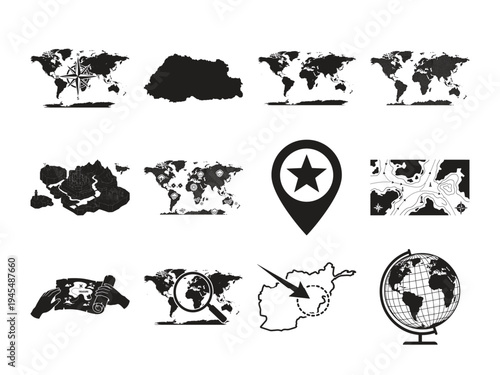 Collection of map icons including world maps compass location pin treasure map globe and weather navigation graphic elements