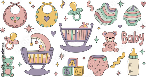 Cute baby nursery elements with cradle teddy bear pacifier bib bottle toys pastel children vector illustration collection