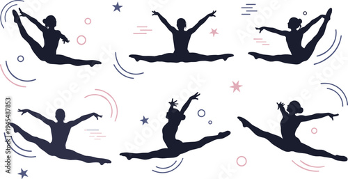 Gymnastics jumping silhouette vector set with female gymnast performing splits, leaps, and rhythmic gymnastics poses isolated athletic sport figures
