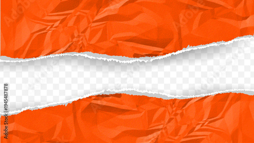 Horizontal Torn Paper Banner with Transparent Center on Orange Crumpled Paper Background Ripped Paper Edge Frame Template for Text Poster and Advertising Design