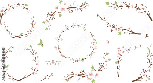 Floral branch wreath vector set with delicate twigs, leaves, and blossoms forming decorative botanical frames for wedding invitations and nature designs