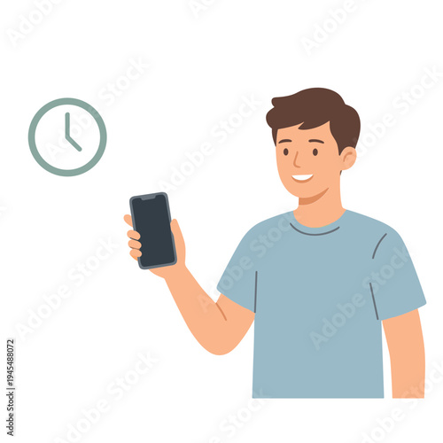 Man checks phone next to clock on wall in office