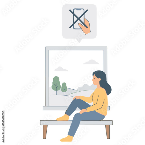 Woman sits on a bench looking out a window at trees and hills with a thought bubble.