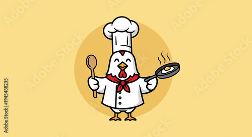 Cartoon chicken wearing chef hat and coat.