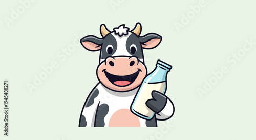 A cheerful cow holds a milk bottle.