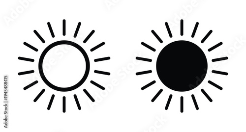 Sun icon symbol set. Minimal sunshine outline shape. Weather forecast sun sign.