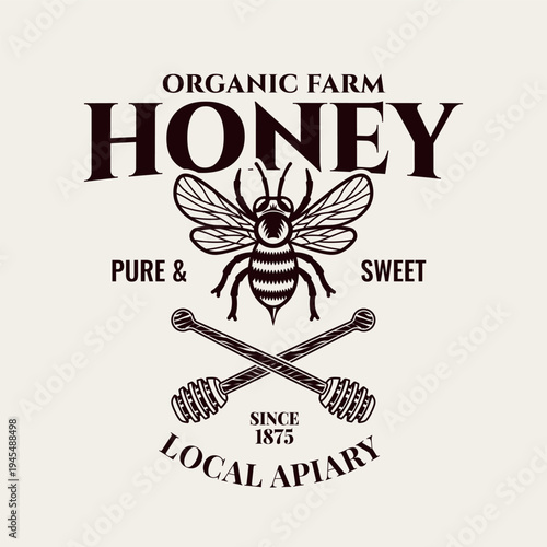 Vintage honey label or emblem in engraved style. Retro vector badge with bees and honey spoons for organic products, farm branding and natural food design