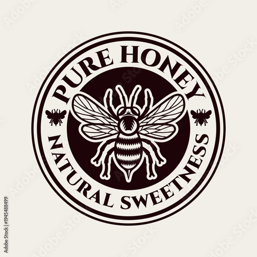 Retro honey badge or label round vector set with bee. Classic vintage design ideal for natural products, farm markets and organic branding