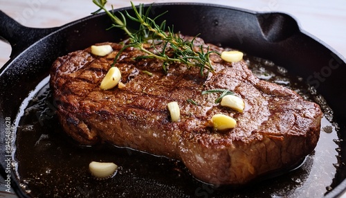 Wallpaper Mural closeup of a rib eye steak with garlic and thyme cooking in butter on a cast iron skillet Torontodigital.ca