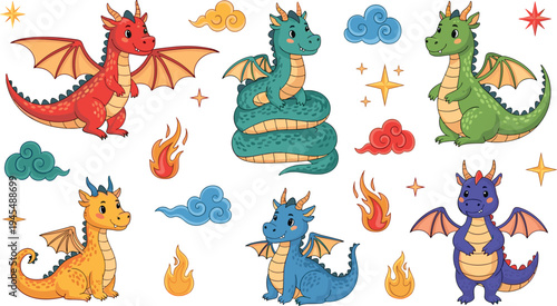 Cute cartoon dragon fantasy character set with fire wings clouds stars magical kawaii vector illustration collection