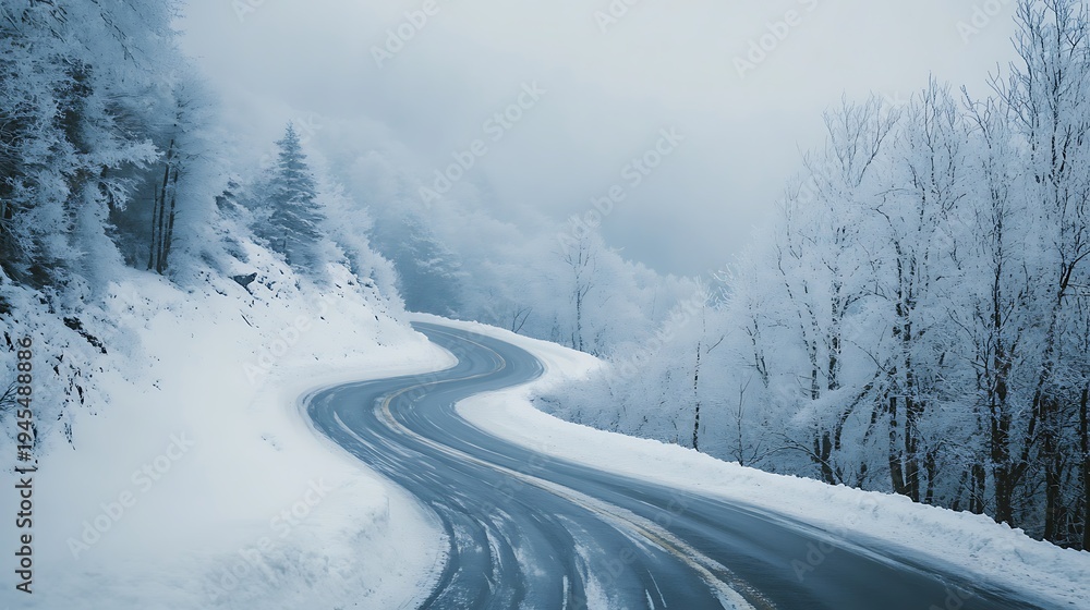 Obraz premium Winding road through snow covered forest during winter day scene