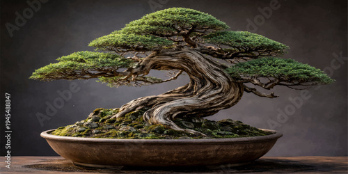 An old green bonsai tree with twisted roots and a mossy trunk grows in a stone pot, reflecting the serene nature of a forest landscape with lush flora and delicate branches