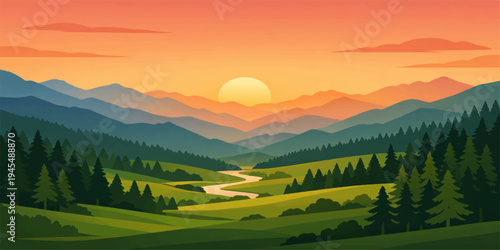 A panoramic summer view of the misty Alps features a golden sunrise and sunset over green forest hills and a foggy mountain valley under a cloudy nature sky