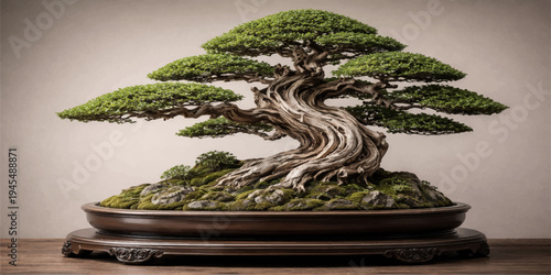 A fresh green bonsai tree plant styled like a healthy vegetable ingredient is isolated on a white plate as a vegetarian meal with herbs