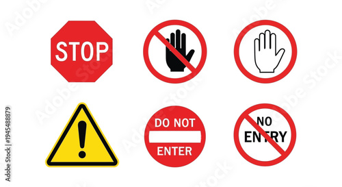 Essential vector graphic illustration of common road, warning, and prohibition signs for safety and public information design.