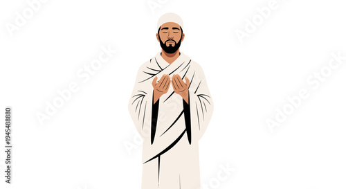 Serene Bearded Man in White Robe in Prayer Stance. Vector Illustrations. EPS Editable
