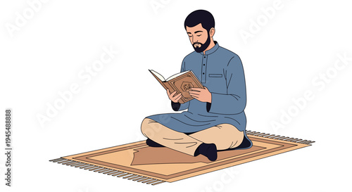 Serene man reading a book on a prayer mat during quiet moment. Vector Illustrations. EPS Editable