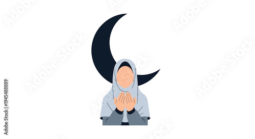 Serene Muslim Woman in Hijab in Prayer Beneath Crescent Moon. Vector Illustrations. EPS Editable