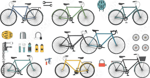 Bicycle collection vector set with road bikes, cycling accessories, helmet, tools, wheels, and repair equipment for sport and urban transportation