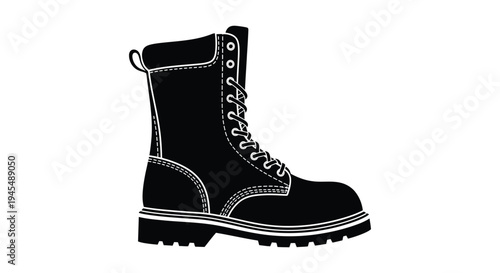 Monochrome vector illustration of a sturdy lace-up work boot, a classic graphic design element for safety and outdoor themes.