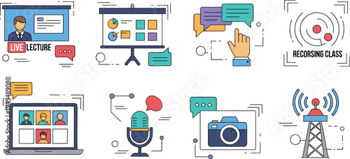 Online education and digital learning icon set with live lecture, video conference, microphone podcast, recording class, and remote teaching technology