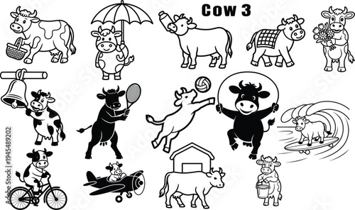 Cartoon cows in various activities black and white