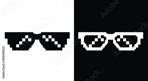 Cool pixelated sunglasses vector illustration in both black and white versions, perfect for retro digital design.