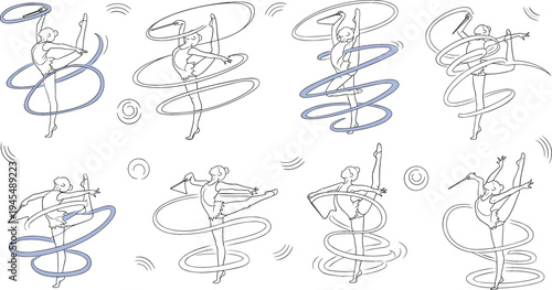 Rhythmic gymnastics hoop routine vector set with female gymnast performing elegant spins, leaps, and dance movements with ribbon style motion lines