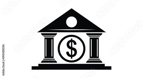 Simple black and white vector graphic illustration representing a traditional bank building with a prominent dollar sign icon.