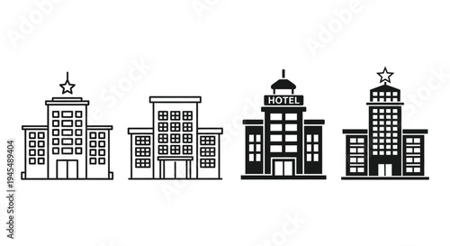 A collection of various hotel building vector illustrations and icons representing accommodation, hospitality, and travel architecture design.