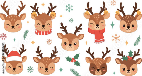 Cute Christmas reindeer character set with scarf santa hat bells snowflakes festive kawaii vector illustration collection